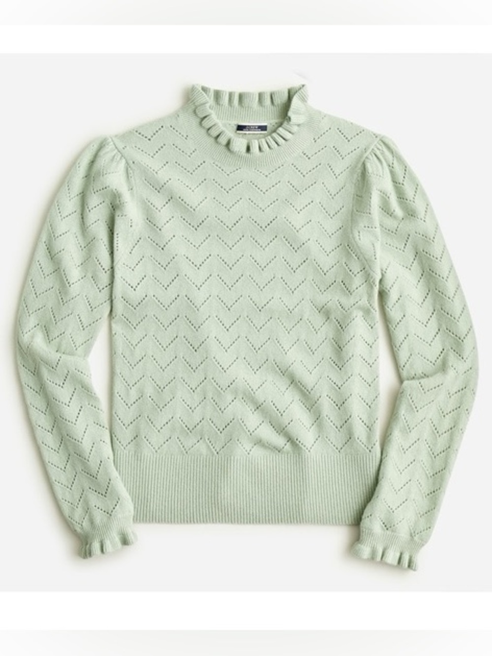 J.‎ Crew Cashmere Pointelle Knit Sweater Ruffle Neck Green- Women's XL romantic
